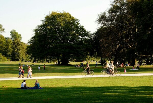 people relaxing and biking in sunny park